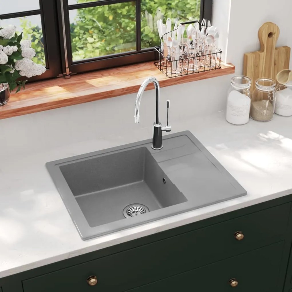 Lavello Da Cucina Con Foro Troppopieno Ovale Grigio İn Granito /