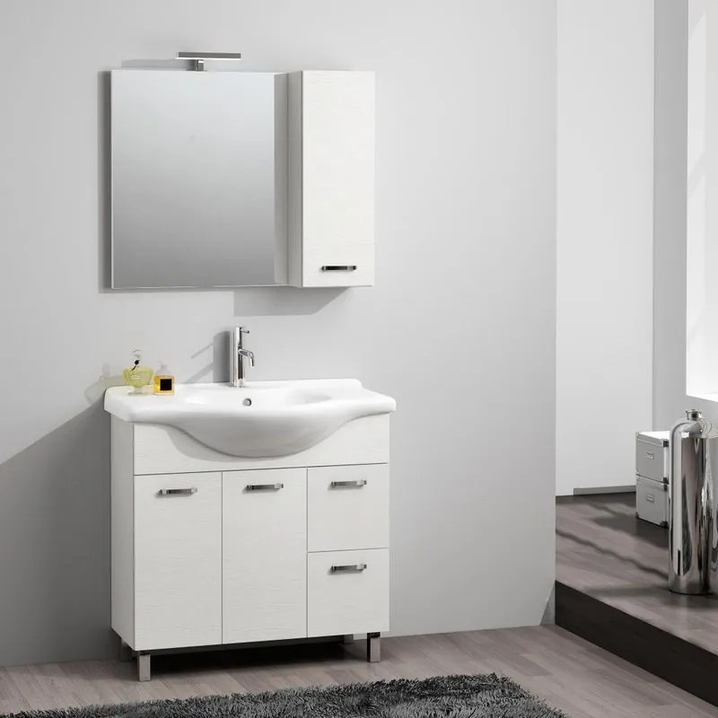 Mobile sottolavabo, lavabo e specchio con illuminazione Nicole per vasca centrale bianco frassino L 85 x H 85 x P 33.5 cm, 2 ante 2 cassetti