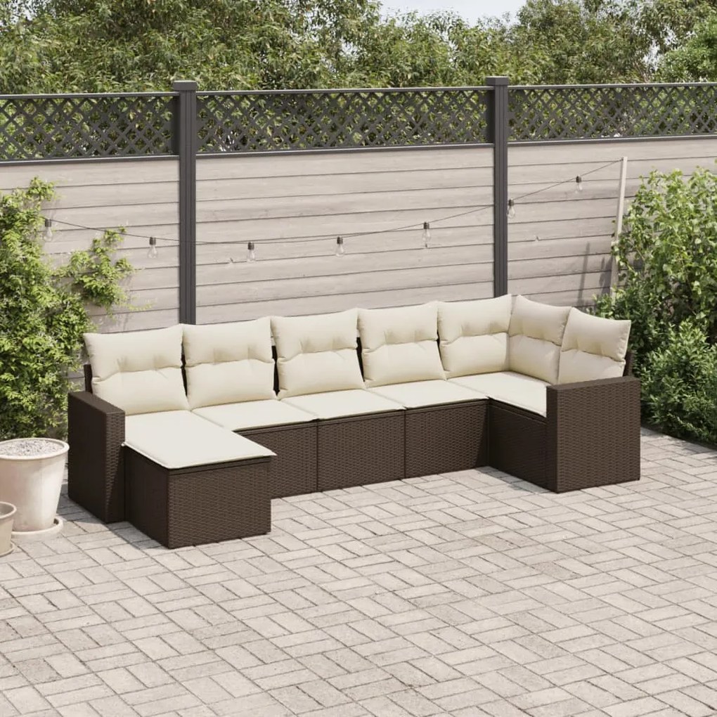 Set Divani da Giardino 7 pz con Cuscini Marrone in Polyrattan