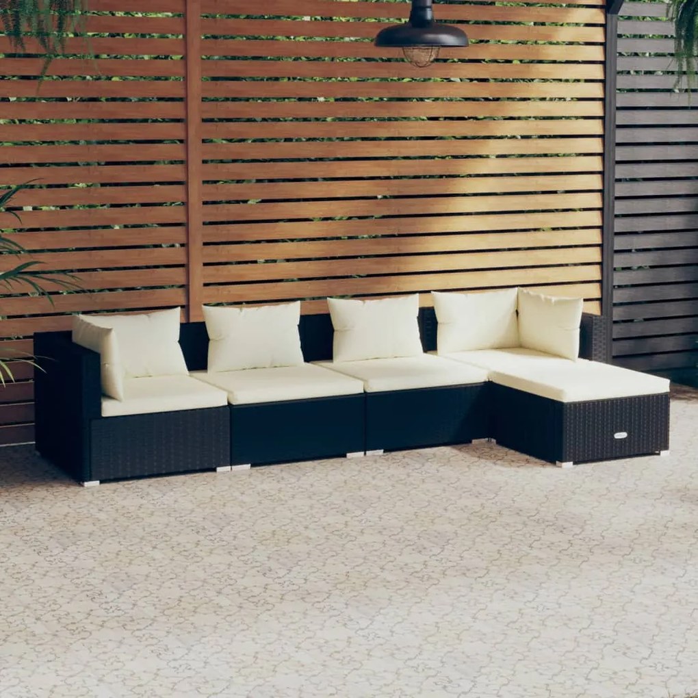 Set salotto da giardino 5 pz con cuscini in polyrattan nero