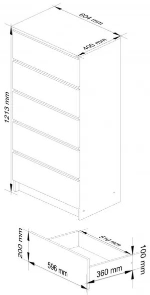 Cassettiera Moderna 60x40x120 Cm 5 Cassetti Quercia Effetto Legno Artika