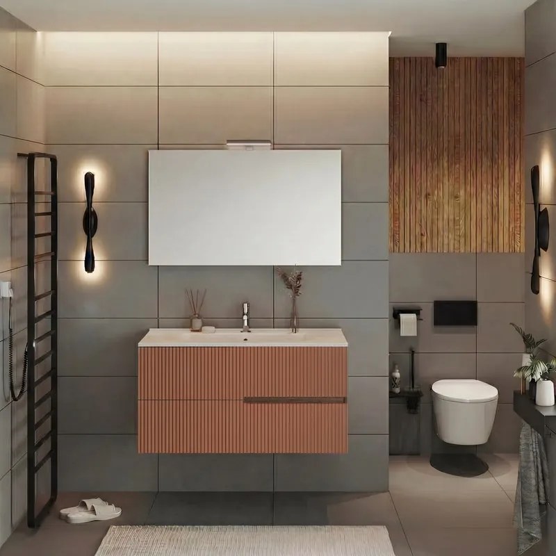 Mobile bagno Eva 100 cm, completo di lavabo in ceramica e specchio a filo con Led, 2 cassetti rovere moka e mattone cannettato