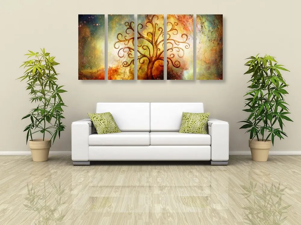 Quadri 5 pezzi – Albero della vita con astrazione dell'universo