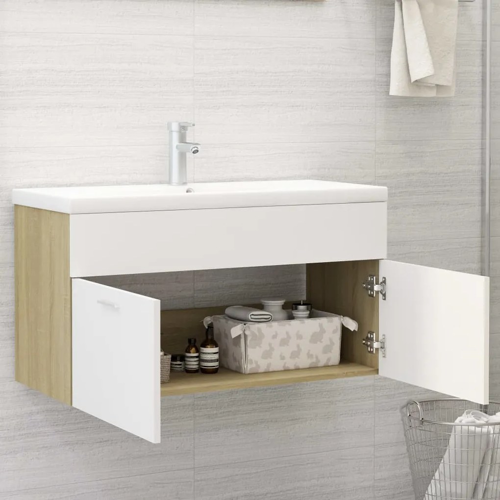 Mobile da bagno con lavabo bianco e rovere sonoma in truciolato