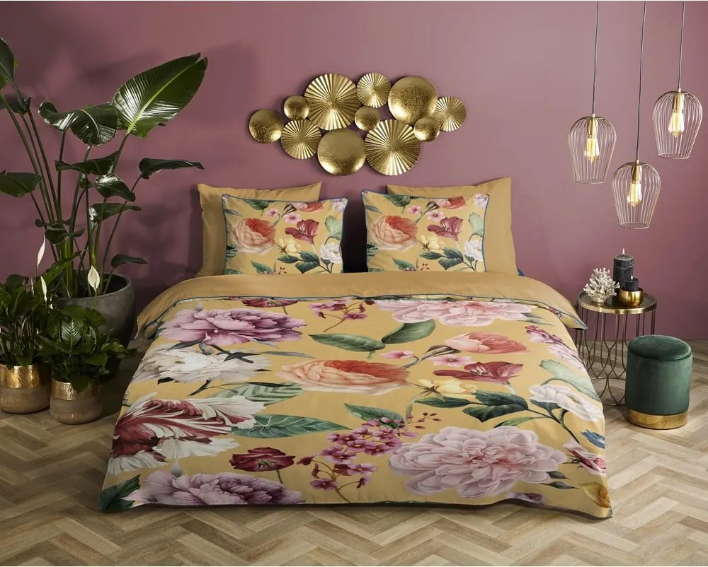 Set copripiumino e federa giallo ocra in raso di cotone per letto matrimoniale ed esteso 240x220 cm Fiori – Descanso