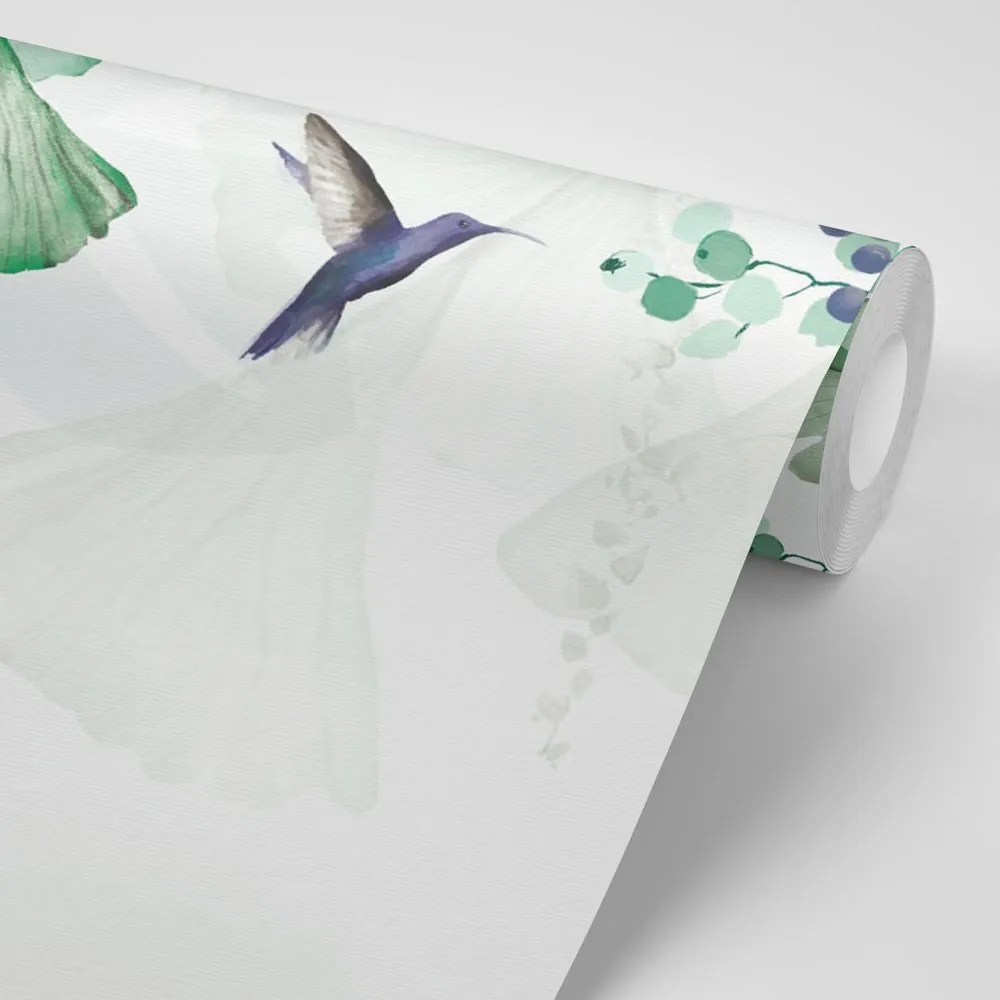 Carta da parati – Foglie Verdi con Colibrì
