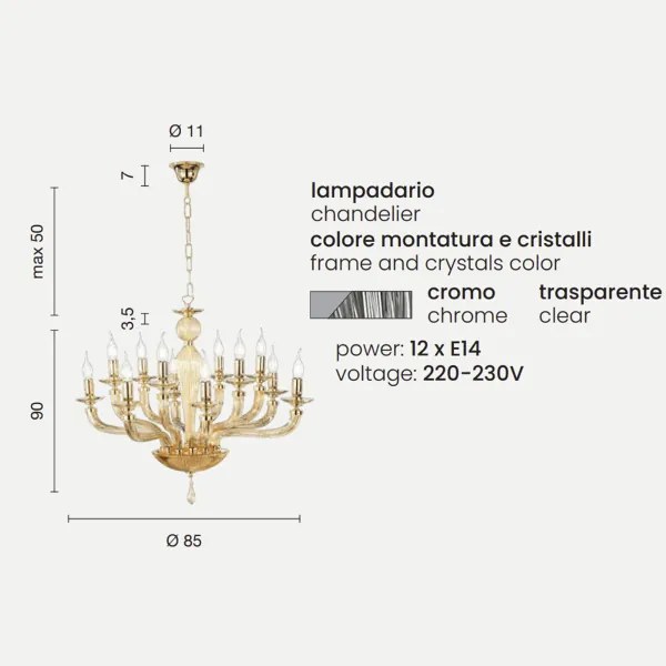Lampadario a sospensione D85 cm VILLA a 12 luci in vetro lavorato a mano CROMO
