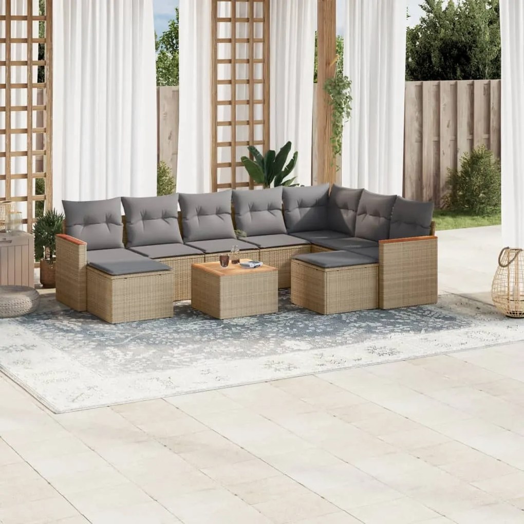 Set divano da giardino 10 pz con cuscini beige in polyrattan