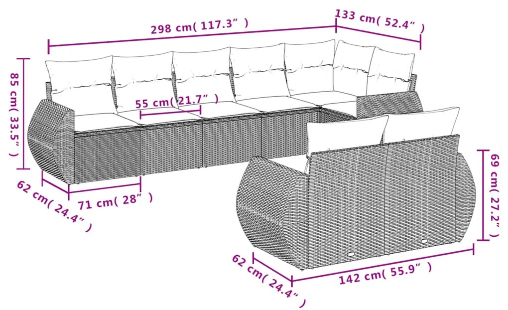 Set divani da giardino con cuscini 8 pz nero in polyrattan