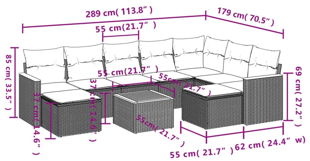 Set Divano da Giardino 10 pz con Cuscini Grigio in Polyrattan