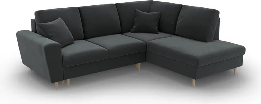 Divano angolare grigio scuro allungabile e con contenitore (con penisola a destra/a L) con rivestimento in velluto Kyoto – Cosmopolitan Design