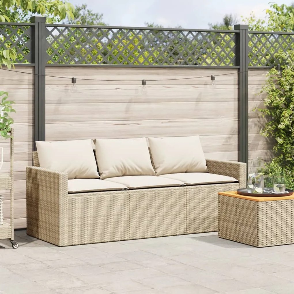 Divano da giardino con cuscini a 3 posti beige in polyrattan