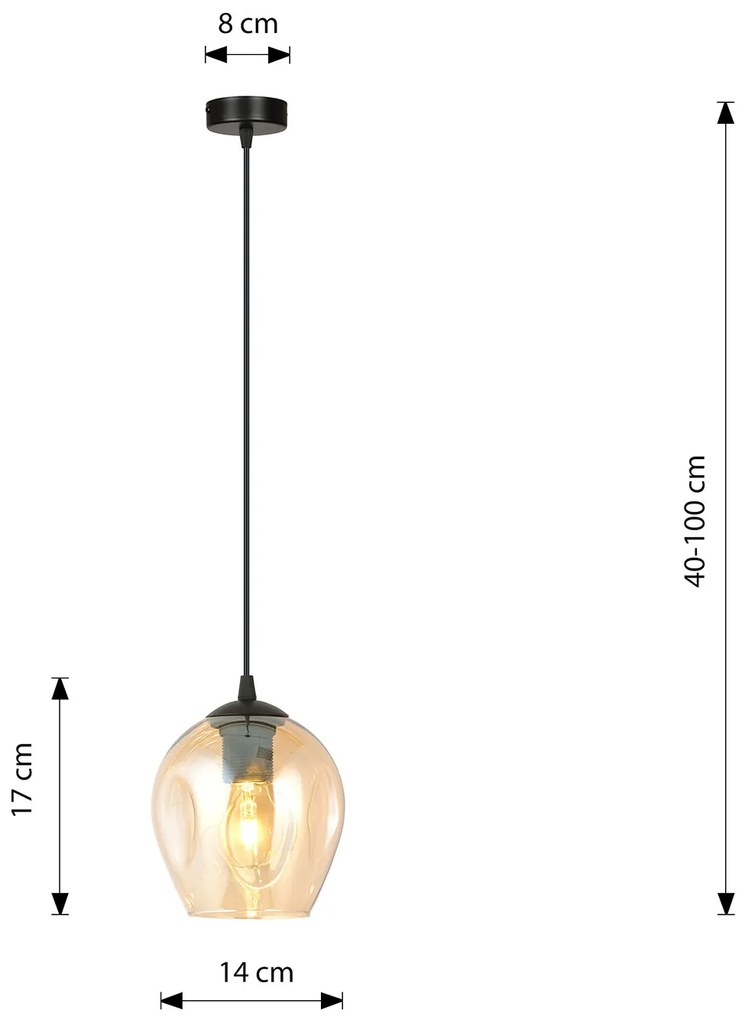 Sospensione 1 Luce Fuxi In Acciaio Nero E Vetro Ambra