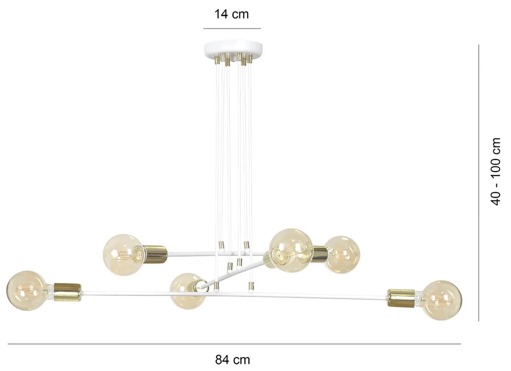 Lampadario Industrial 6 Luci Benzaiten A Bracci In Acciaio Bianco E Oro