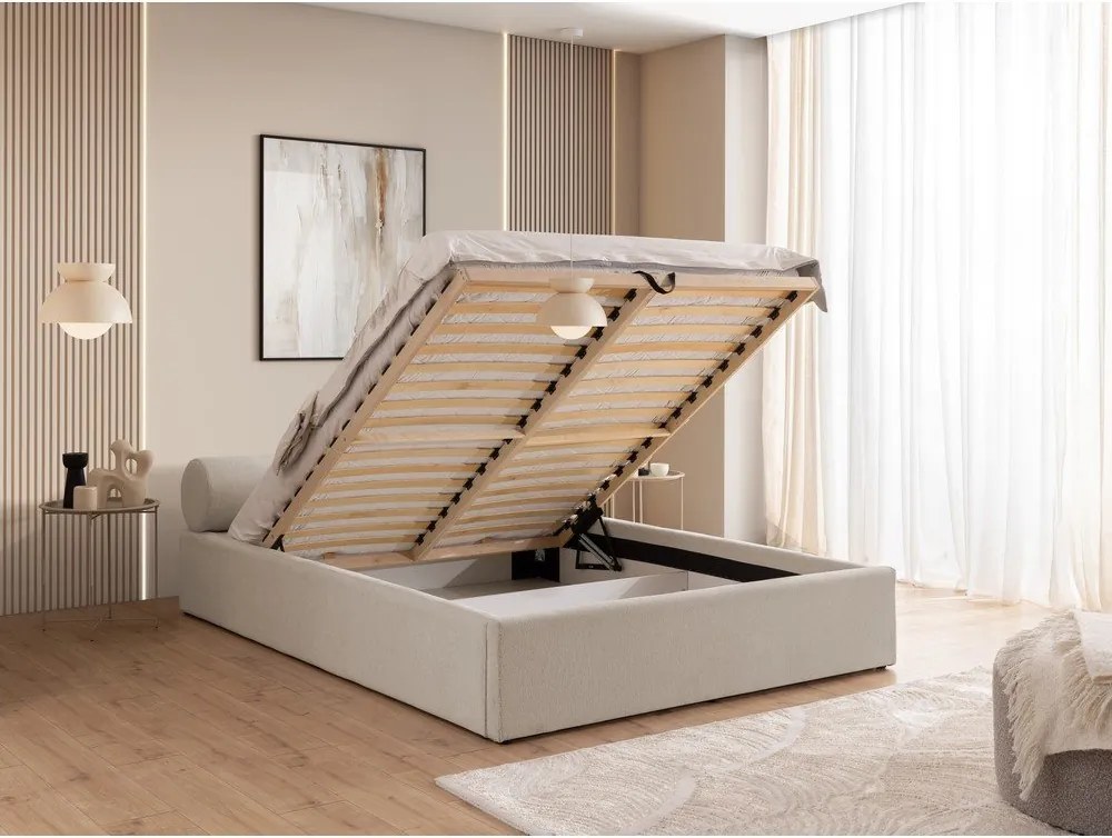 Letto matrimoniale imbottito beige con contenitore con rete inclusa 160x200 cm Cille – Ropez