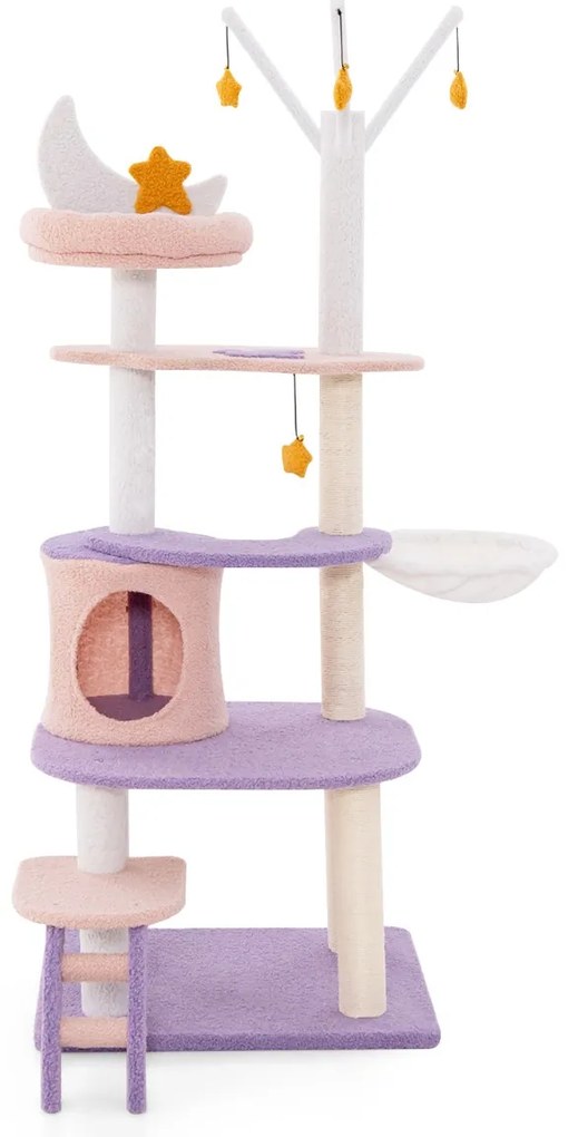 Costway Albero per gatti carino con scala pali graffiati rivestiti di sisal, Torre per gatti multi-livello da 158cm Viola