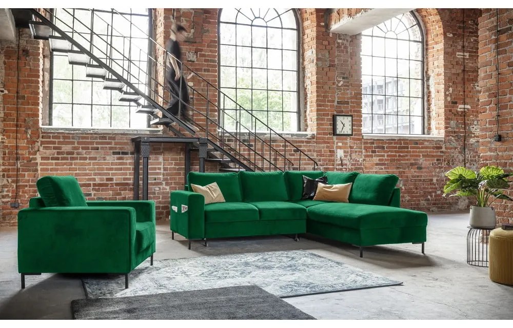 Divano letto angolare in velluto verde scuro (angolo destro) Lofty Lilly - Miuform