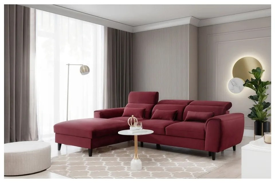 Divano angolare rosso allungabile/con contenitore (con penisola a sinistra/con chaise lounge) e rivestimento in velluto Foble – ELTAP