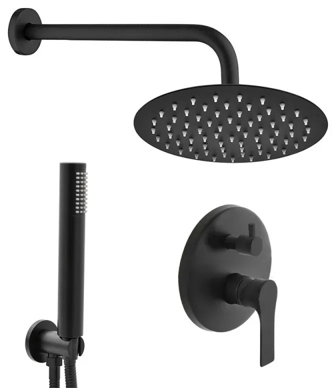Set doccia a incasso completo nero opaco con braccio 35cm, soffione 25cm, miscelatore e kit doccino Flat