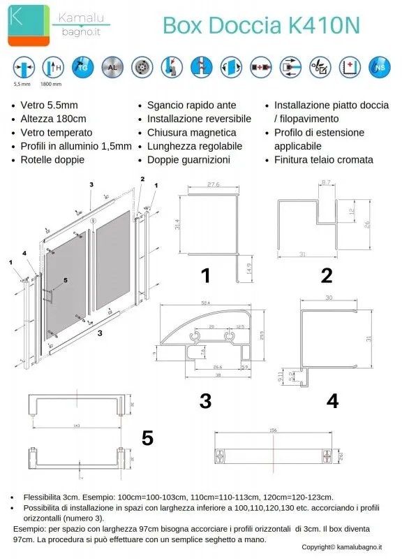 Kamalu - box doccia 170cm nicchia con porta scorrevole k410n