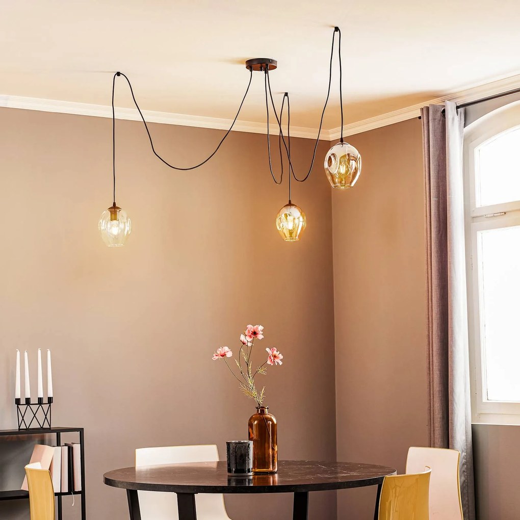 EMIBIG LIGHTING Lampada a sospensione Starla, vetro grafite/ambra/trasparente, a 3 luci,