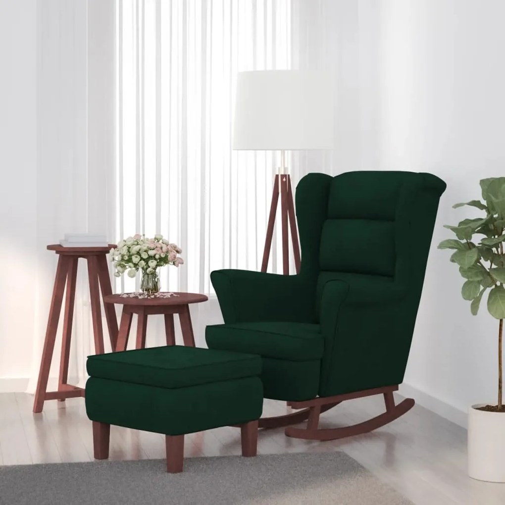 Poltrona Dondolo Gambe Legno E Poggiapiedi Verde Scuro Velluto /