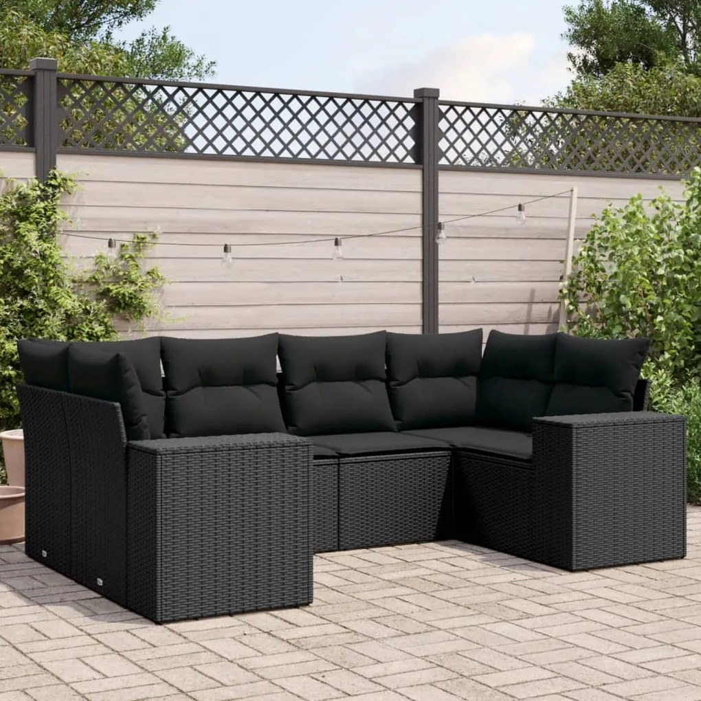 Set Divano da Giardino 6 pz con Cuscini Nero in Polyrattan