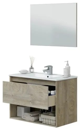 Mobile Bagno Sospeso 80 cm Con Lavabo Specchio Vano Giorno E Cassettone Rovere Alaska VAN