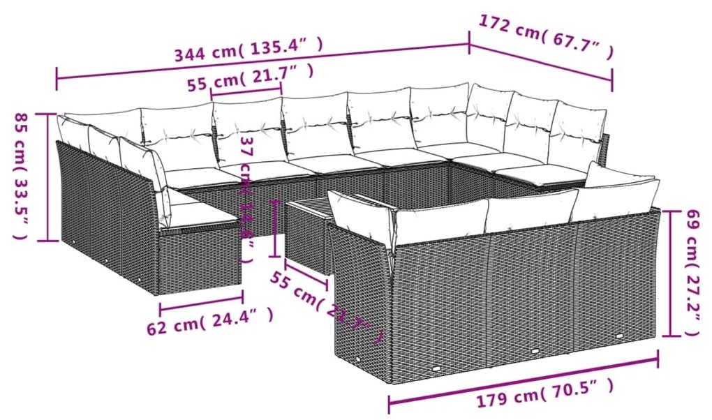 Set Divani da Giardino 14pz con Cuscini in Polyrattan Grigio