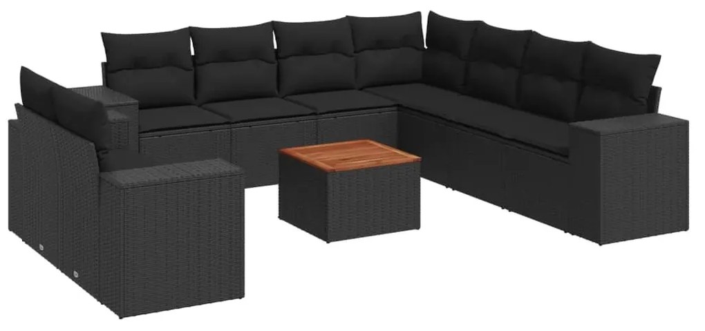 Set divani da giardino 10pz con cuscini in polyrattan nero