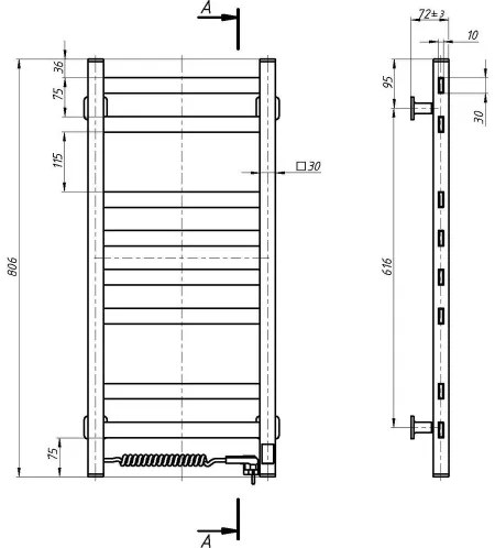 Scaldasalviette a pioli per bagno AVANGARD con termostato, 251 W / 230 V, 80,6 cm, IP44, bianco, sinistro