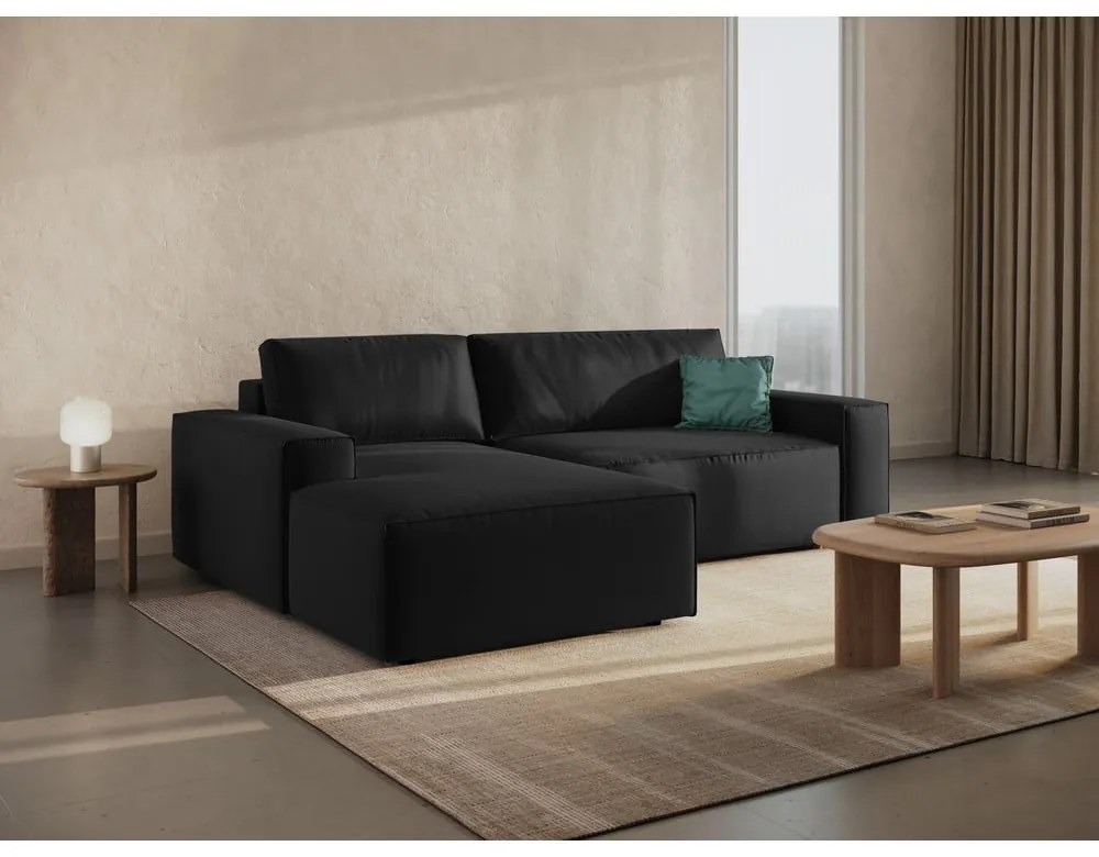 Divano angolare nero allungabile/con contenitore (con penisola a sinistra/con chaise lounge) con rivestimento in velluto Jodie – Micadoni