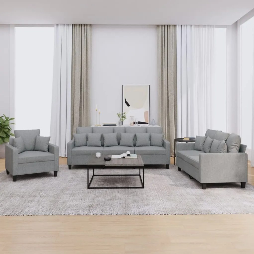 Set Divani 3 Pz Con Cuscini Grigio Chiaro İn Tessuto /