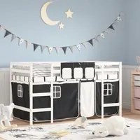 Letto a Soppalco con Tende Bambini Bianco e Nero 90x200 cm Pino 3206967