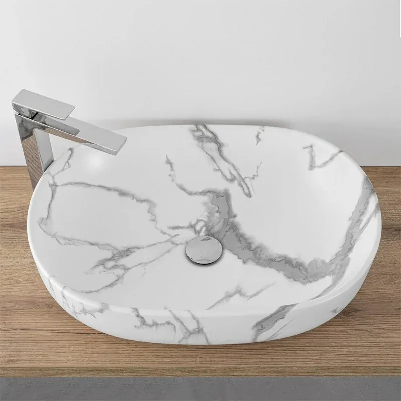 Lavabo da appoggio ovale 60x41 cm effetto marmo bianco Tokyo