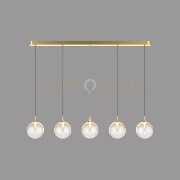 Lampada a sospensione bolla, metallo oro + 5 luci in vetro ambra, l...