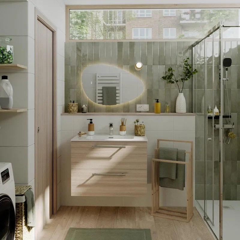 Mobile bagno sospeso con lavabo L 80 x H 57,7 x P 45 cm rovere chiaro truciolare 2 cassetti | Remix