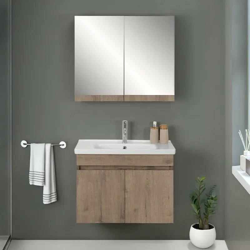Mobile bagno sospeso 80 cm rovere scuro con specchio contenitore Mona