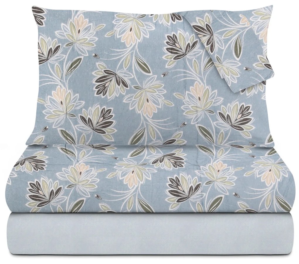 Completo letto matrimoniale petali azzurro in flanella