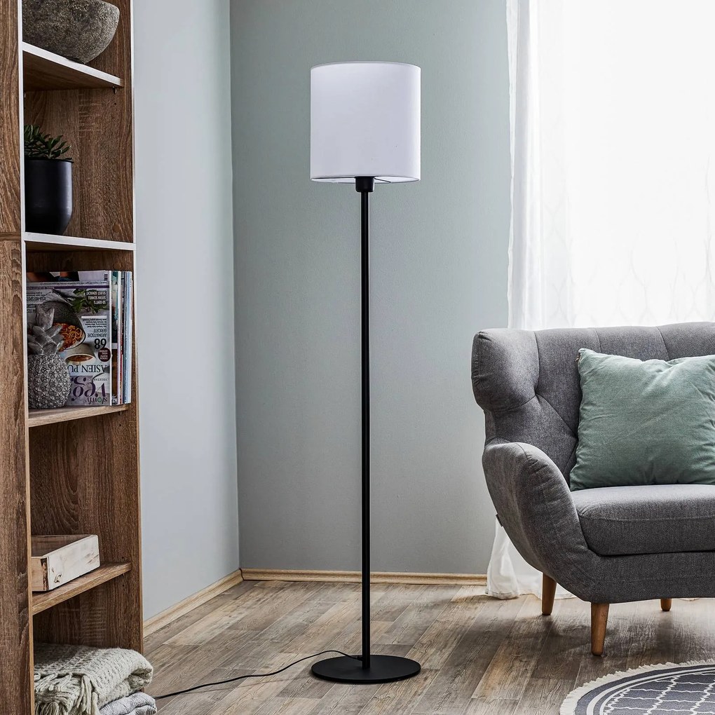 Argon Lampada da terra in tessuto Harris, base nera, paralume bianco