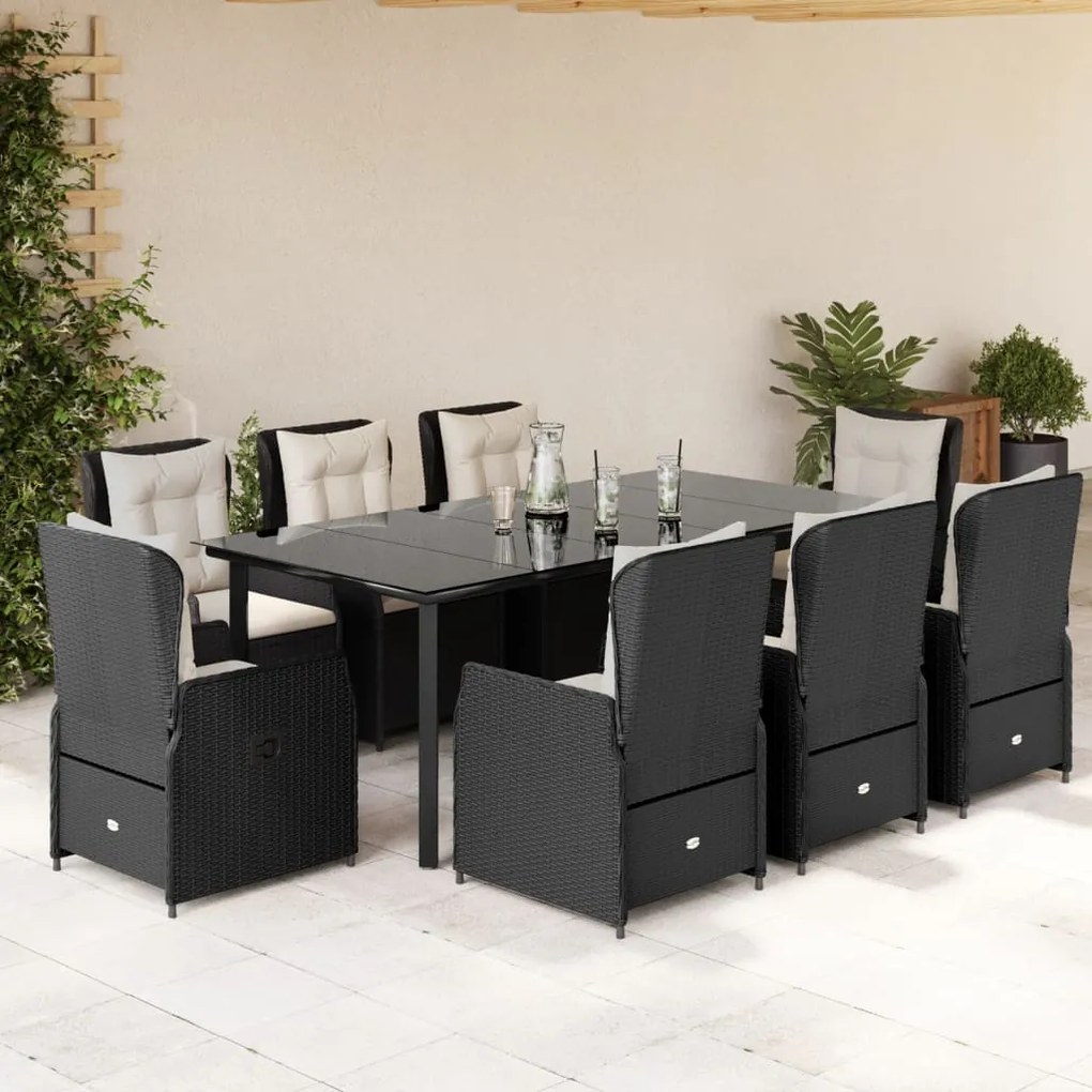Set da pranzo da giardino 9 pz con cuscini nero in polyrattan