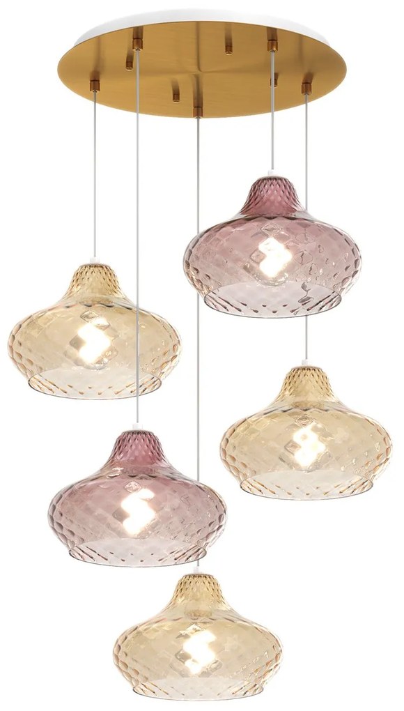 Lampadario Contemporaneo Dress Metallo Ottone Vetro Ambra-Ruggine 5 Luci E27