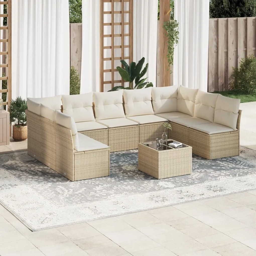 Set Divano da Giardino 10 pz con Cuscini Beige in Polyrattan