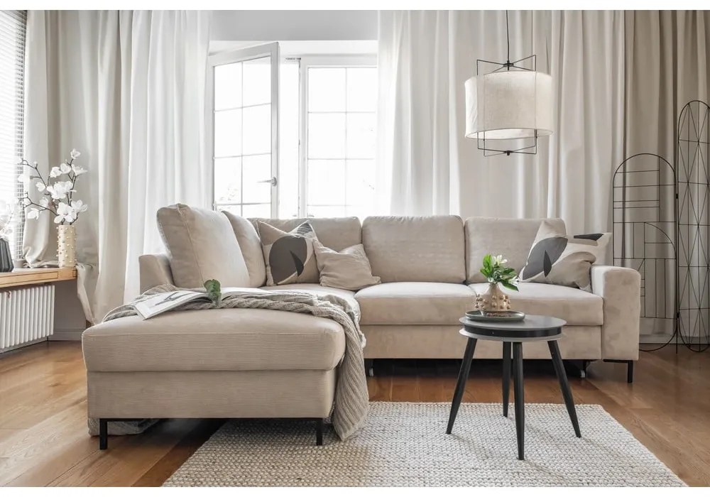 Divano letto in velluto a coste beige (angolo sinistro) Lofty Lilly - Miuform