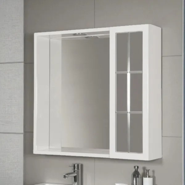 Specchiera bagno 60 cm 1 anta inglesina e luce LED laccato Bianco Lucido