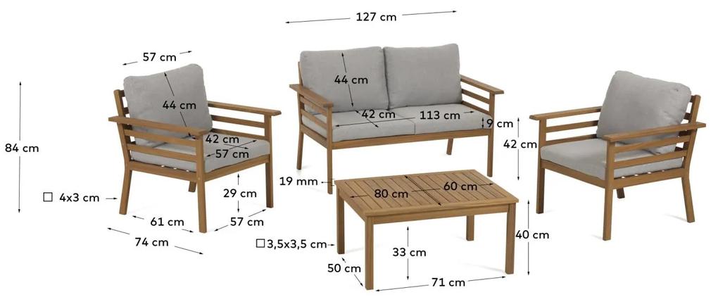 Kave Home - Set Vilma da esterno composto da divano, 2 poltrone e tavolino legno di acacia FSC 100%