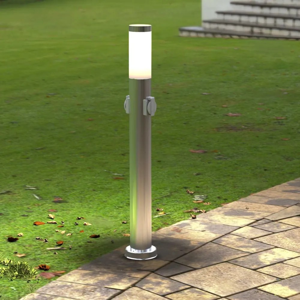 Paletto da giardino con Doppia Presa Corrente, 80cm, Acciaio Inox, E27 Colore Inox