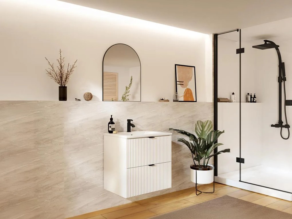 Mobile per bagno sospeso con scanalature e lavabo da incasso 60 cm Bianco opaco - ZEVINI