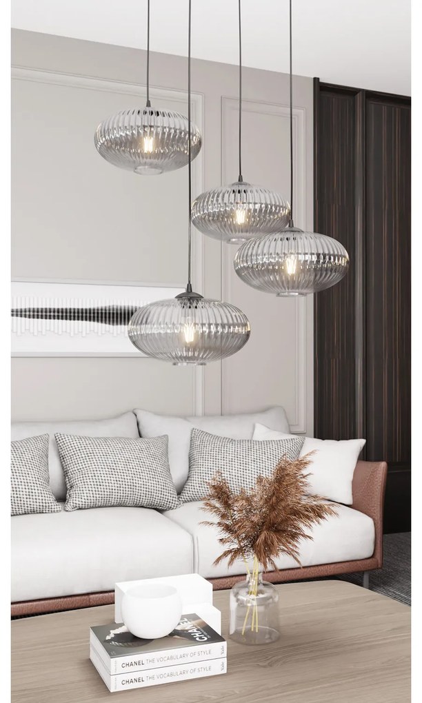 Lampadario 4 Luci Iris Base Tonda In Acciaio Nero Paralume Plissettato Fumè