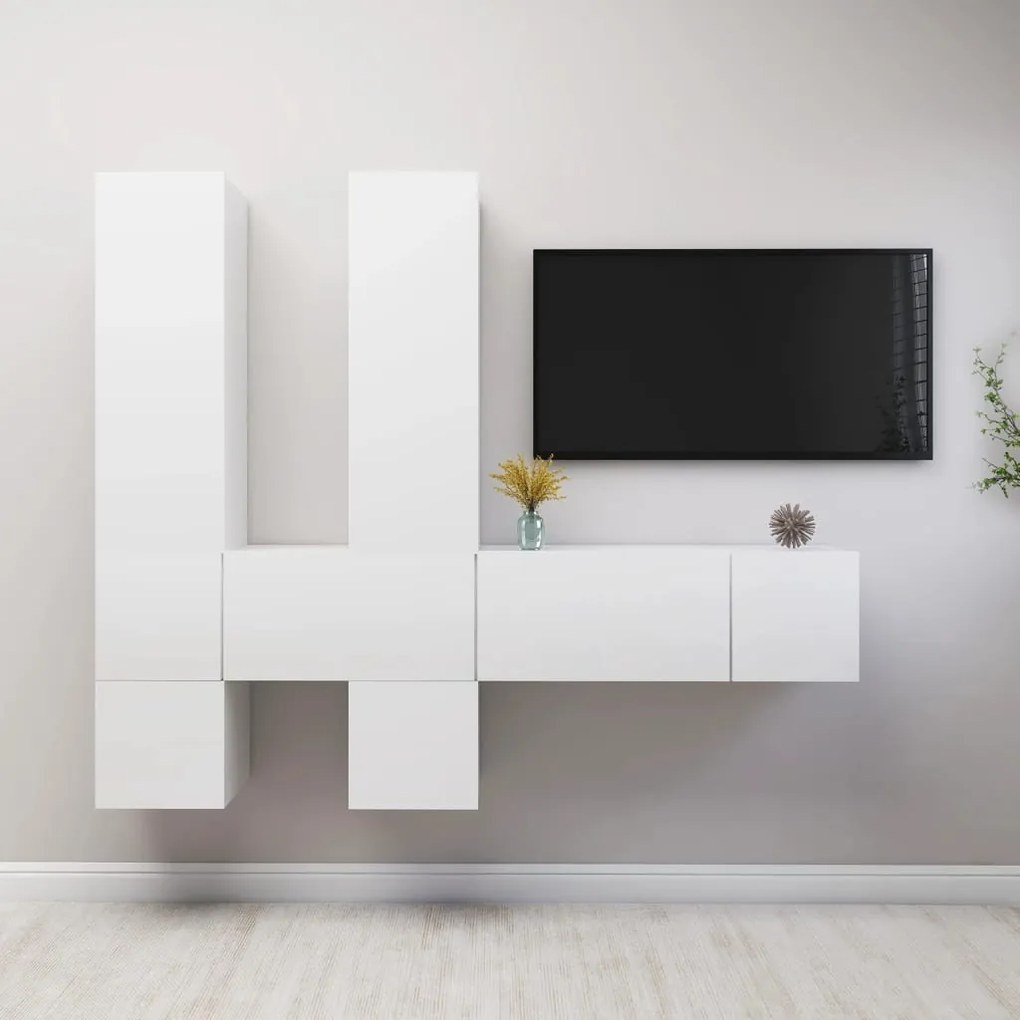 Set Mobili Porta Tv 7 Pz Bianco İn Legno Multistrato /